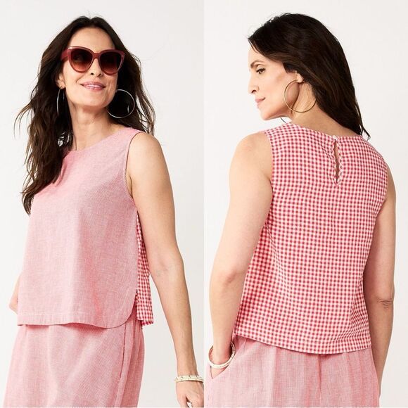 Croft & Barrow Red White Linen Blend Sleeveless Shell Top Sz L Coastal Cowgirl - Picture 1 of 8